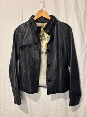 Soia & Kyo Black Genuine Leather Jacket XS Hip Length Button Front Designer